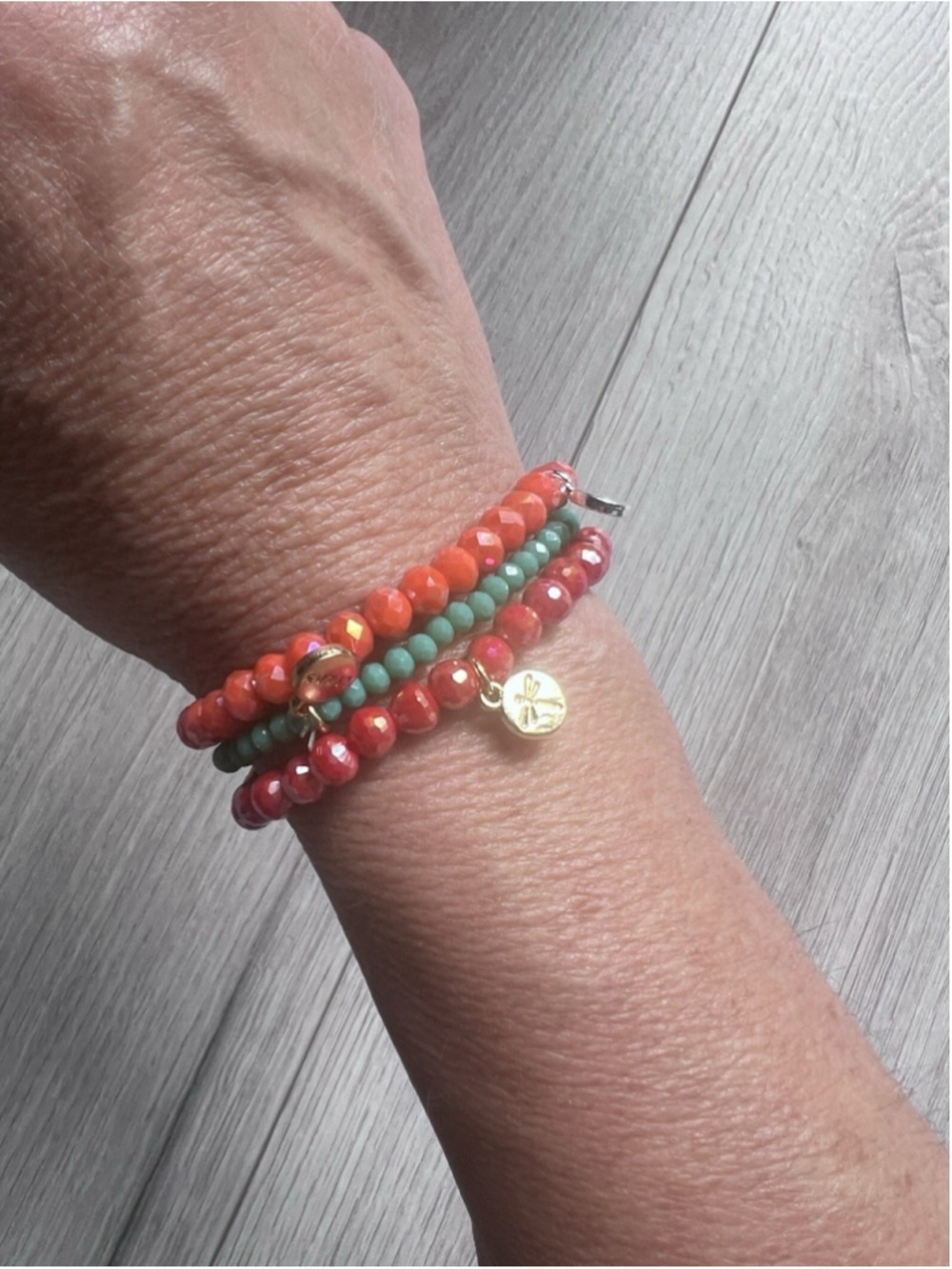 Stackable Iridescent Stretch Beaded Bracelet Sunset Colors Coral Turquoise Pink